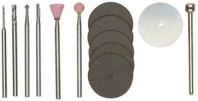 Set pour mod�lisme 13 pi�ces pour couper, tron�onner, fraiser, polir et percer. PROXXON