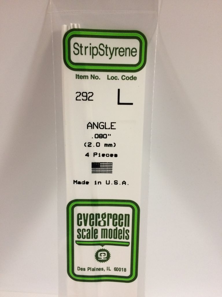 292 - Profilés en \ L\  en polystyrène blanc - Longueur : 355mm - Section : 2,03 x 2,03mm - Evergreen