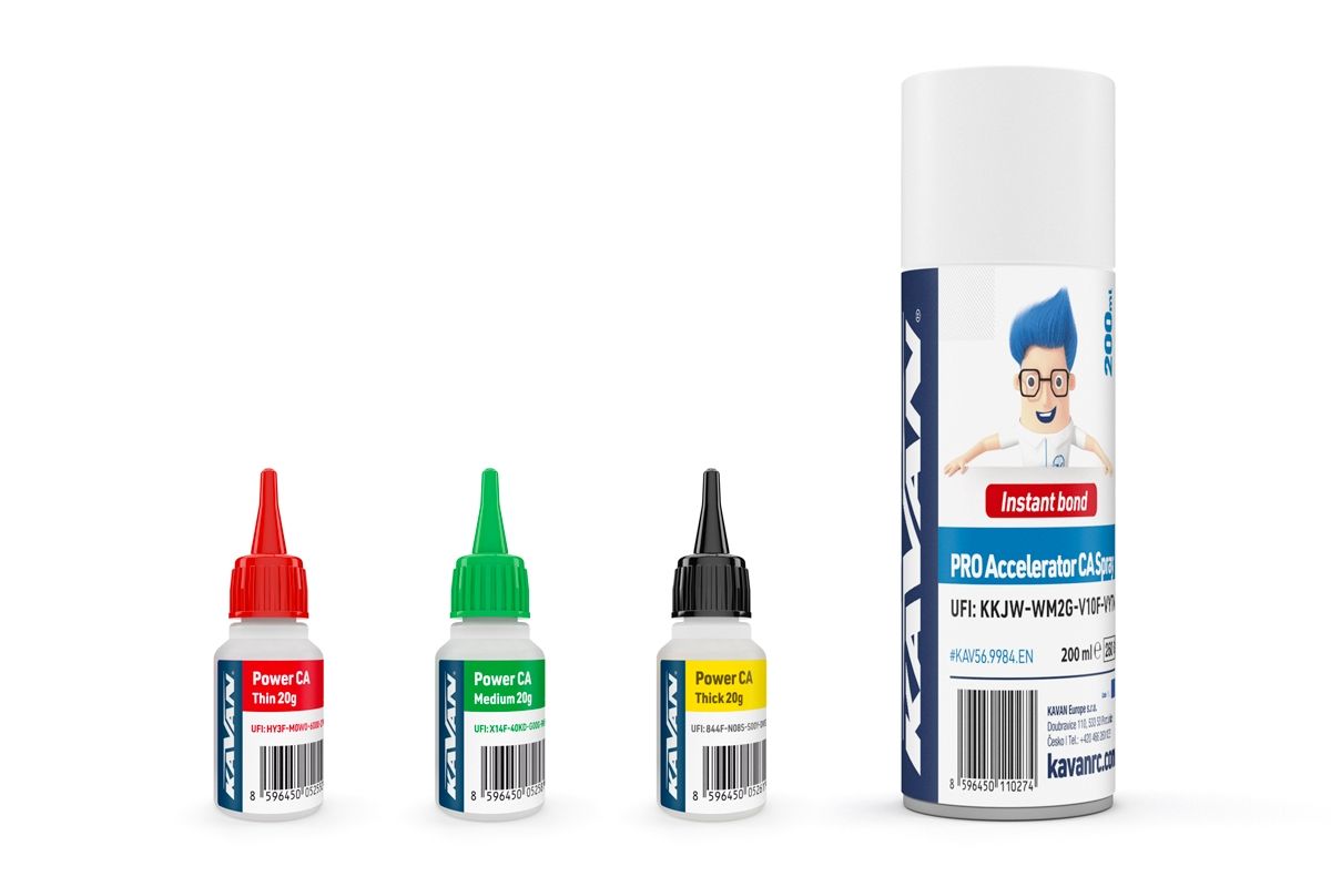 KAVAN POWER CA Super Glue PACK 3 x 20g (Thin, Med, Thick) + activator PRO 200ml (EN) KAV56.9955.EN