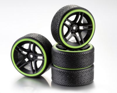 Train de roues Drift 10-Rayon \ Profile B\  Jante noir/Bague n�on jaune 1:10 (4) - WHEEL DEAL