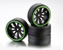 Train de roues Drift 9-Rayon \ Profile A\  Jante noir/Bague néon vert 1:10 (4) - WHEEL DEAL