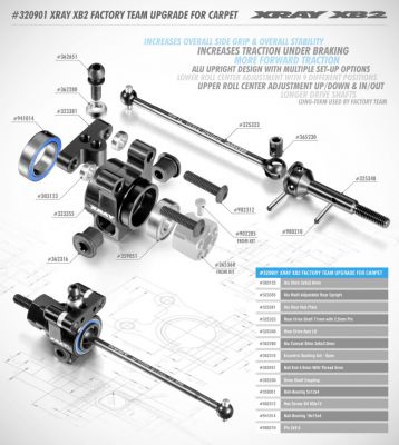 Xray XB2 Kit fus�es arri�res Alu r�glable moquette - 320901 - Pi�ce d�tach�e XRAY
